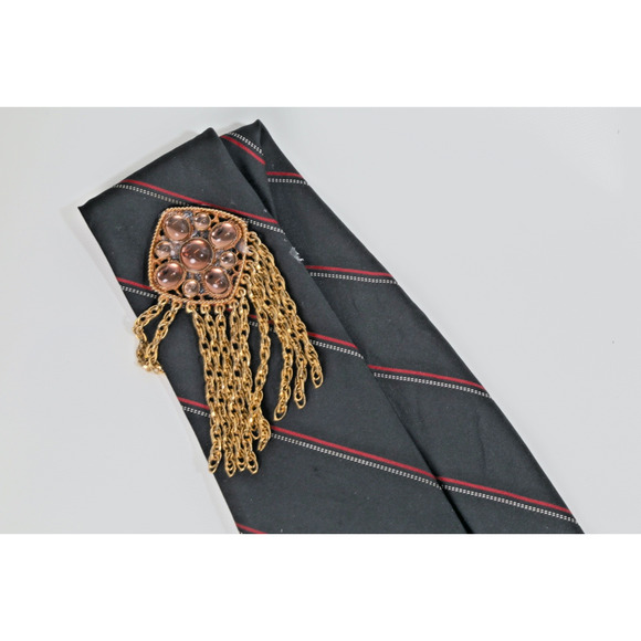 Vintage YSL Yves Saint Laurent Red Striped Silk Tie w/ Gold Brooch Motif - Picture 7 of 10
